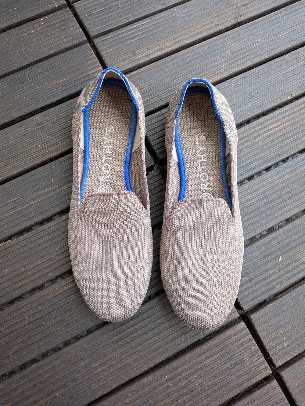 Rothy's Women's Brown Taupe Knit Slip-On Loafers Flats with Blue Trim